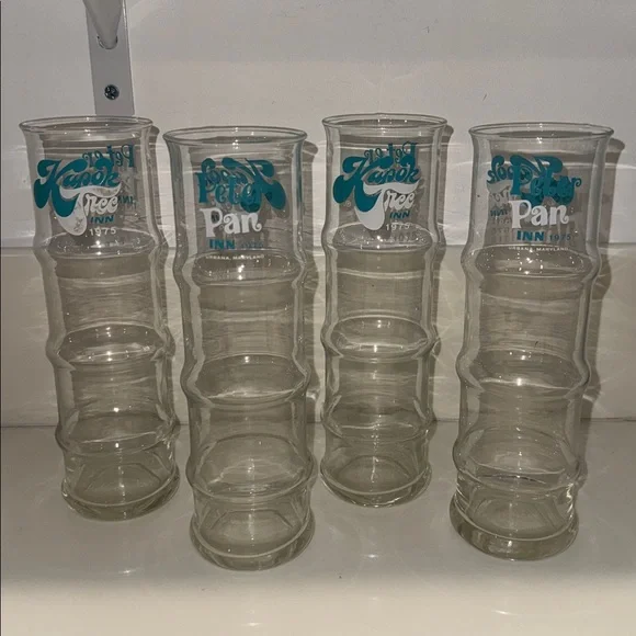 VINTAGE 1970s Peter Pan Inn & Kapok Tree Inn Souvenir Glasses MCM Tiki Set of 4 - Picture 2 of 4